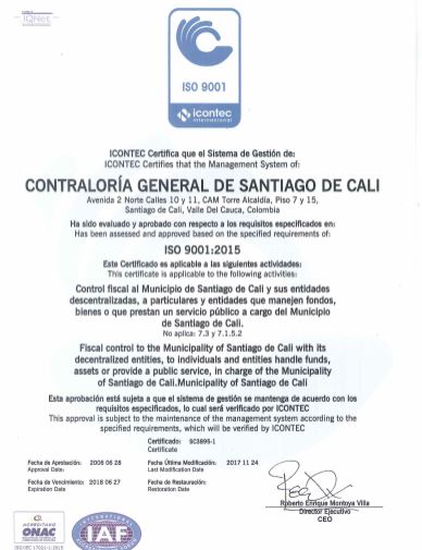 Icontec certifica sistema de gestión de Contraloría de Cali con la norma ISO 9001 versión 2015